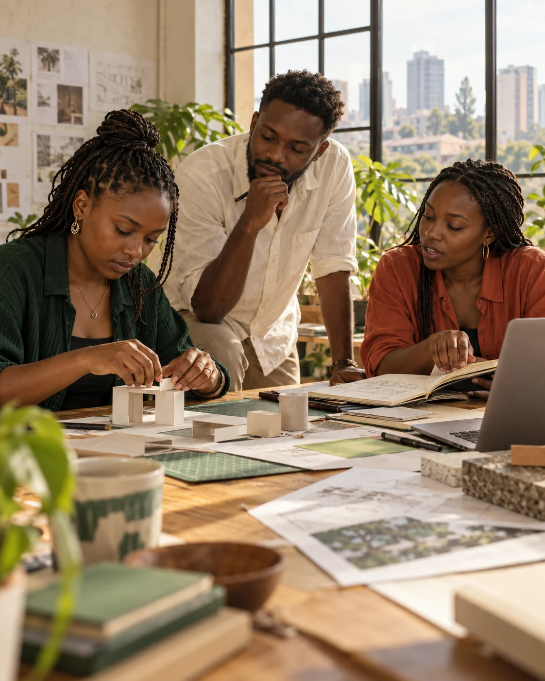 Concept image of young adults exploring a design project together in a bright studio